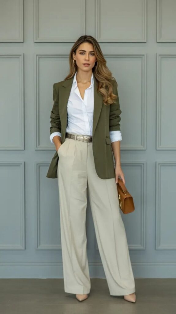 Woman wearing an olive green blazer over a white button-down shirt with beige wide-leg trousers, nude heels, and a tan handbag, creating a polished business-casual outfit.