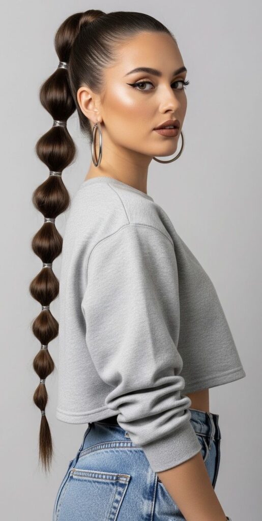 A woman with a sleek high bubble ponytail hairstyle, ideal for easy summer hairstyles
