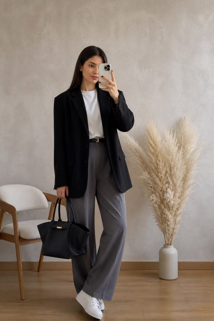 Woman wearing an oversized black blazer over a white T-shirt, paired with gray wide-leg trousers, white sneakers, and a black tote bag in a minimalist indoor setting.