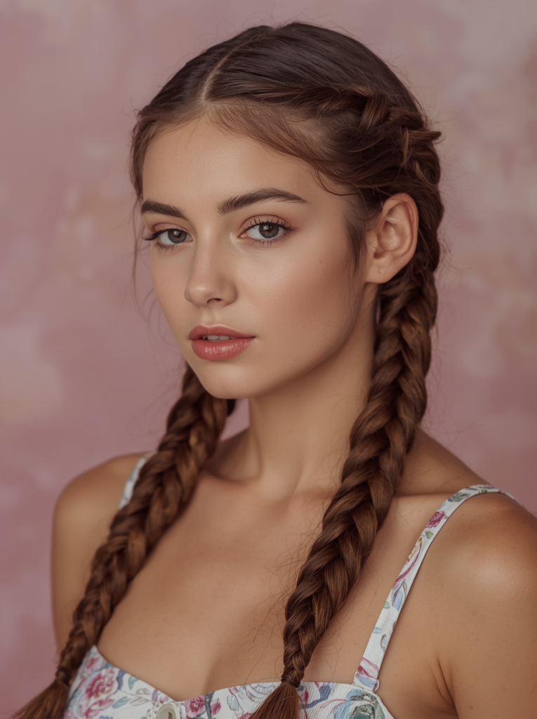 A young woman with a middle part and classic boho double braids, showing off easy summer hairstyles.