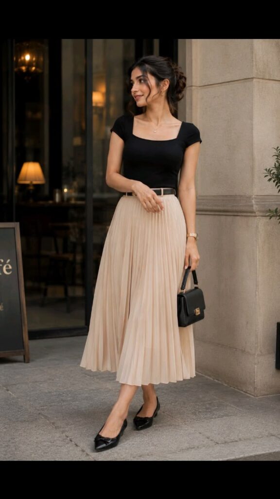 Woman wearing a fitted black top paired with a flowy beige pleated midi skirt, creating a balanced and elegant silhouette. The outfit is styled with black ballet flats, a structured handbag, delicate jewelry, and a soft updo hairstyle, showcasing a refined quiet luxury aesthetic.
