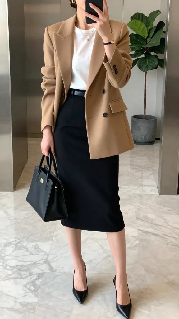 Woman wearing a camel oversized blazer over a white crew-neck top and a black midi pencil skirt, paired with black pointed-toe heels and a structured black handbag for a polished business-casual look.