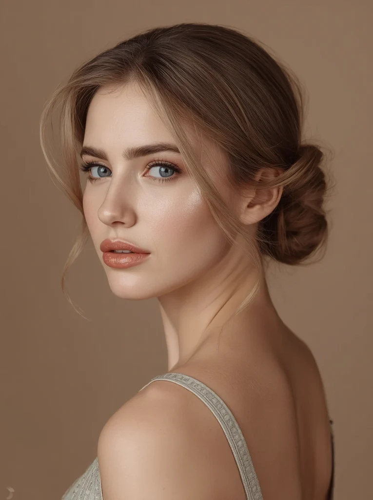A woman showing an effortless low messy bun with soft face-framing tendrils, perfect for easy summer hairstyles.