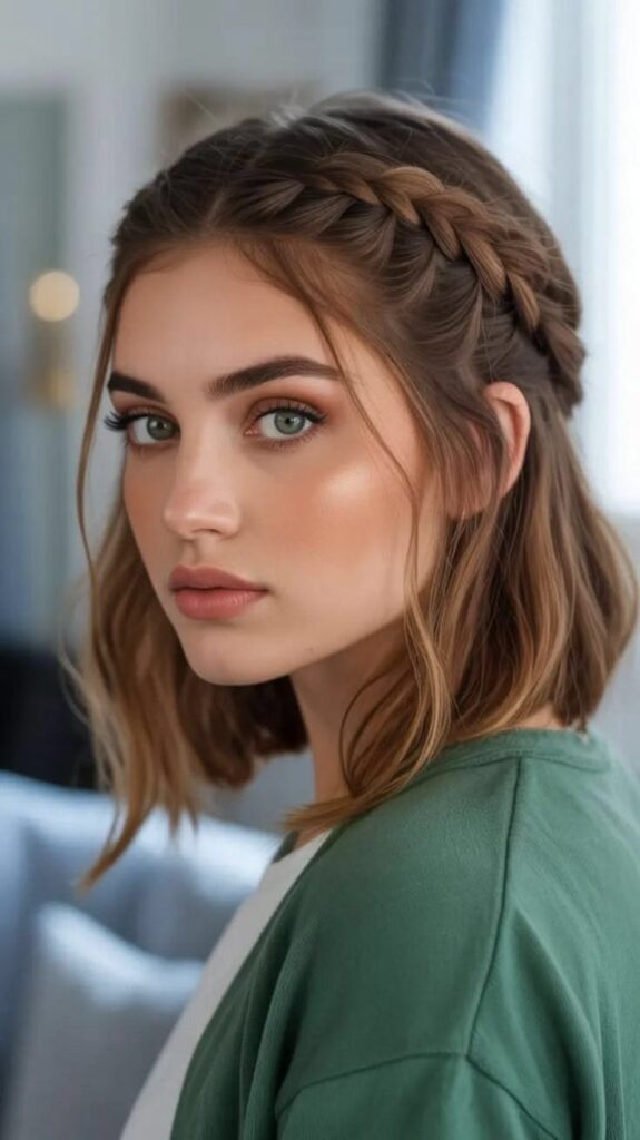 A young woman with a medium bob haircut featuring a half-up crown braid, an ideal look for easy summer hairstyles.
