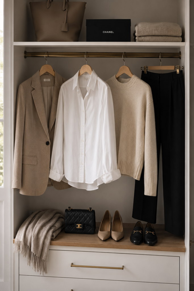 Minimalist capsule wardrobe featuring a beige blazer, white button-down shirt, cream knit sweater, black tailored trousers, neutral shoes, and classic accessories neatly arranged in a modern wardrobe with soft natural lighting.
