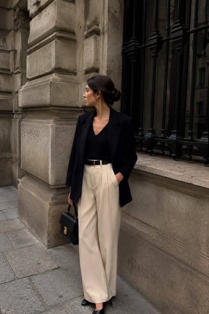 Woman wearing a black V-neck top layered with a black blazer and cream wide-leg trousers, styled with a black structured handbag, belt, and pointed-toe shoes. The cream and black outfit color combo creates a sophisticated, timeless, and expensive-looking appearance.