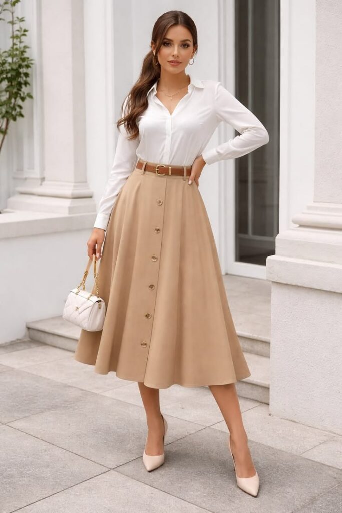 White button-down blouse paired with a camel A-line midi skirt, styled with nude pointed-toe heels, a matching belt, and a white quilted handbag. The classic white and camel outfit color combo creates an elegant, polished, and expensive-looking appearance.