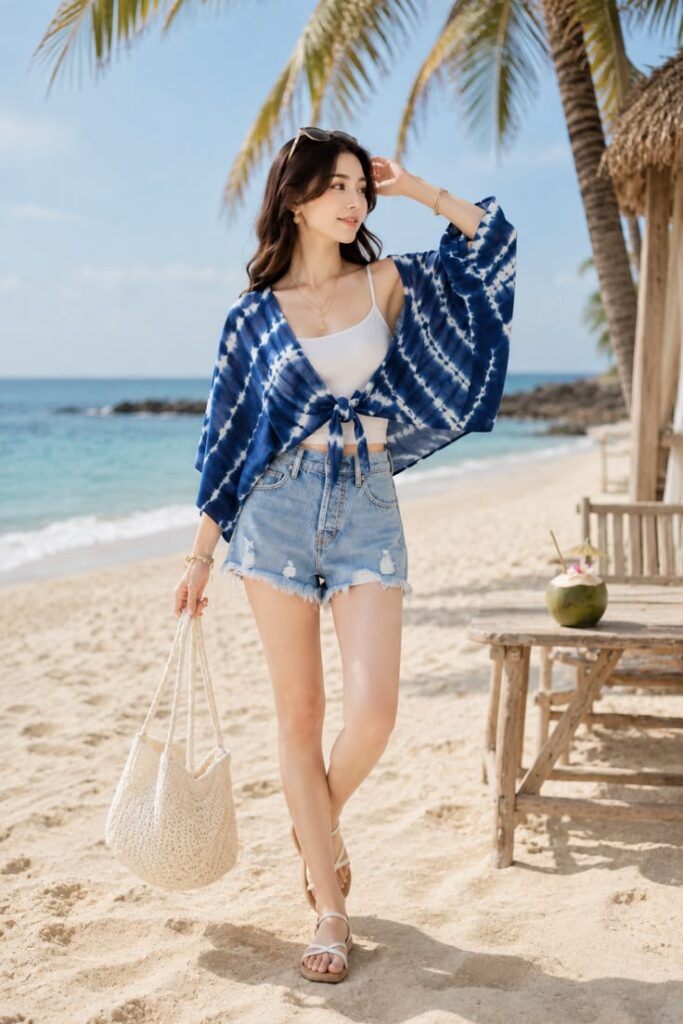 A woman on a sunny beach wearing a blue tie-dye cover-up cardigan, denim shorts, and holding a white woven bag for casual beach vacation outfits.