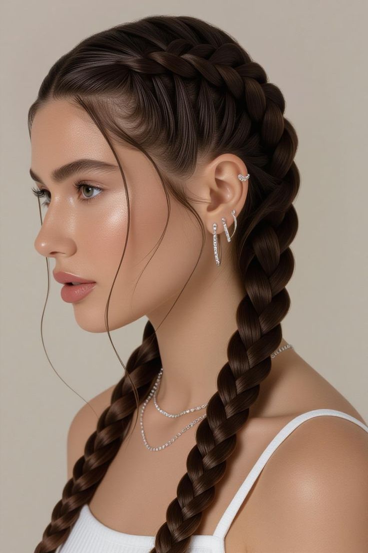 A side profile of a woman with dark brown hair styled in neat double classic braids with delicate face-framing strands
