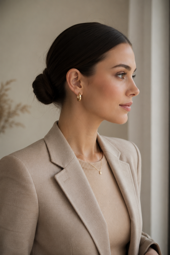 Elegant woman with a sleek low bun hairstyle, natural makeup, and neutral-toned outfit. Minimal gold jewelry and soft natural lighting create a refined quiet luxury beauty aesthetic with realistic skin texture.
