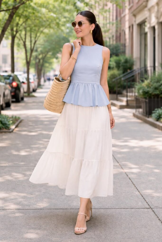 Woman wearing a sky blue sleeveless peplum top paired with a flowing white maxi skirt, styled with neutral sandals and a woven tote bag for an elegant summer outfit.