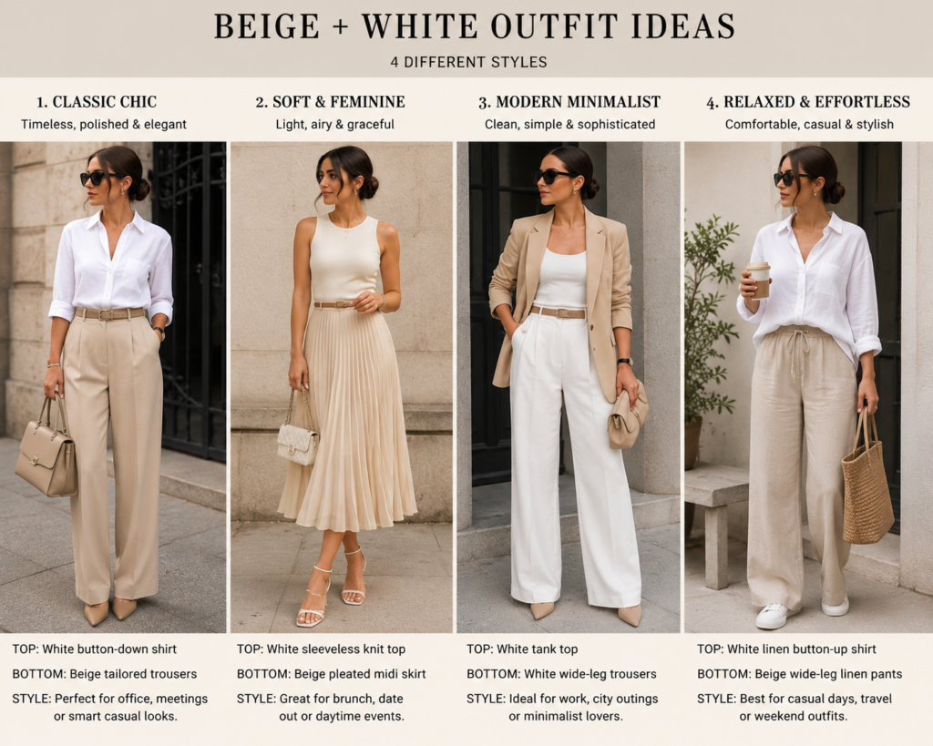 Beige and white outfit ideas guide showing four different fashion styles: Classic Chic with a button-down and tailored trousers, Soft & Feminine with a pleated midi skirt, Modern Minimalist with a beige blazer, and Relaxed & Effortless with linen pants.