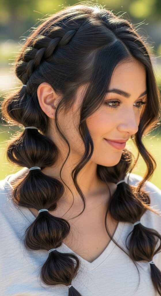 A close-up side view of a smiling woman with loose braids transitioning into detailed bubble pigtails, showcasing easy summer hairstyles.