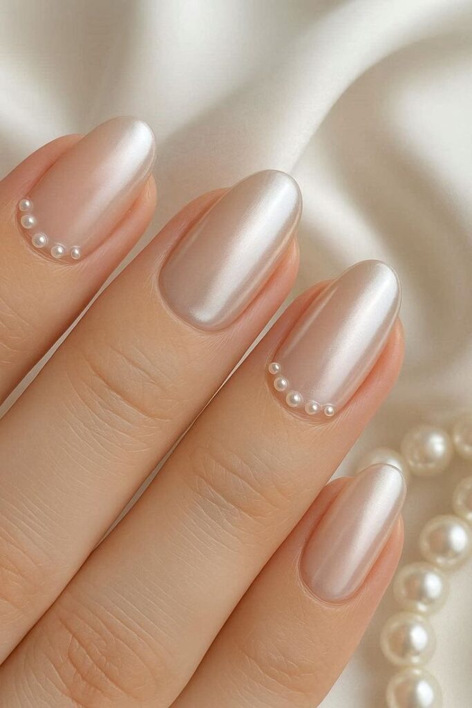 Oval-shaped almond nails featuring a luminous milky-white chrome finish, with small 3D pearl embellishments arranged in a curved line near the cuticles of the index and ring fingers.