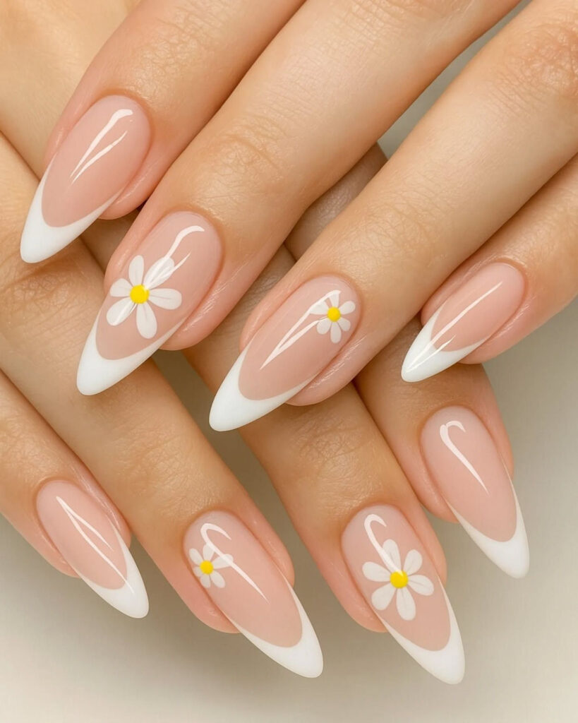 Long almond-shaped nails with a glossy nude base and crisp white French tips, decorated with delicate hand-painted white daisies featuring bright yellow centers on select accent fingers.