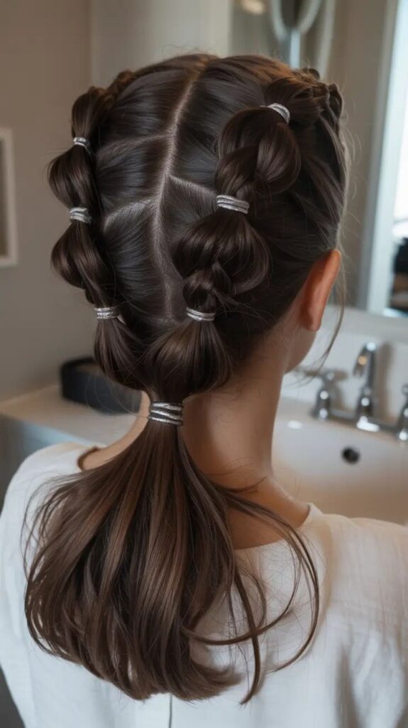 A back view of a woman featuring double bubble braids gathered together into a low ponytail, showcasing easy summer hairstyles.