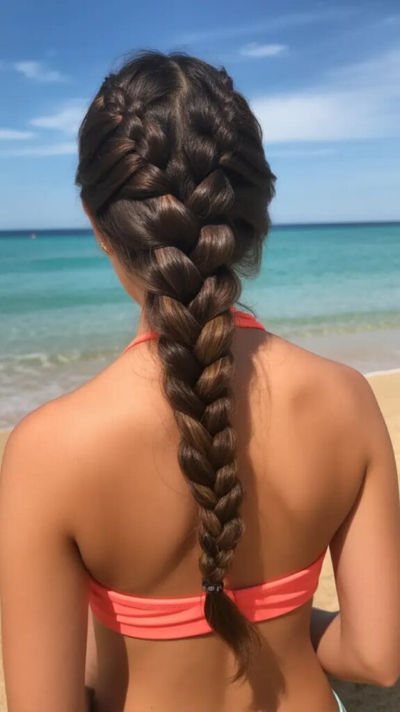 A back view of a woman on a sandy beach looking at the blue ocean, wearing double French braids joined into a single long braid.