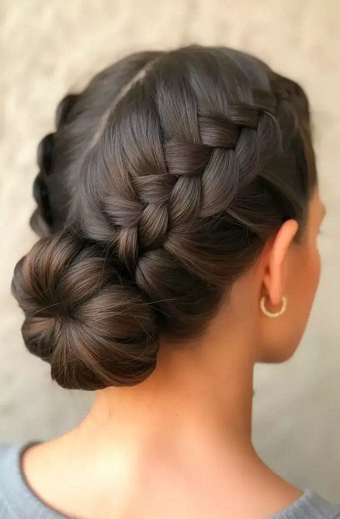 A back view of a woman featuring an intricate Dutch braid tucked into a sleek low bun, ideal for easy summer hairstyles.
