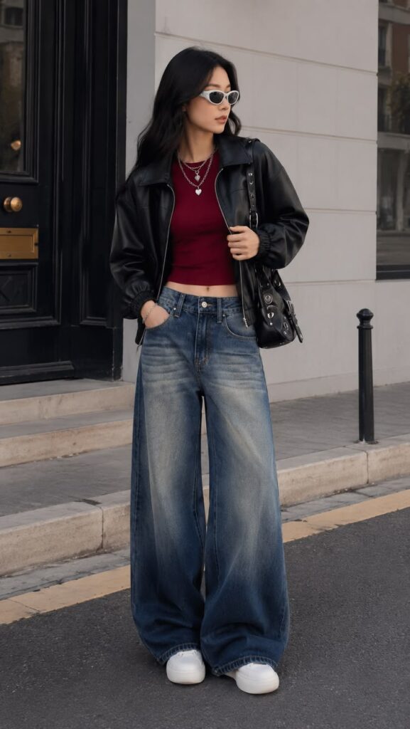 A young woman with long dark hair stands on a city street corner, posing with one hand in her pocket. She wears extremely baggy, wide-leg blue jeans, a tight dark red crop top, and an oversized black leather jacket. Her look is styled with white platform sneakers, a black purse with silver studs, layered silver necklaces, and thick-rimmed white sunglasses.