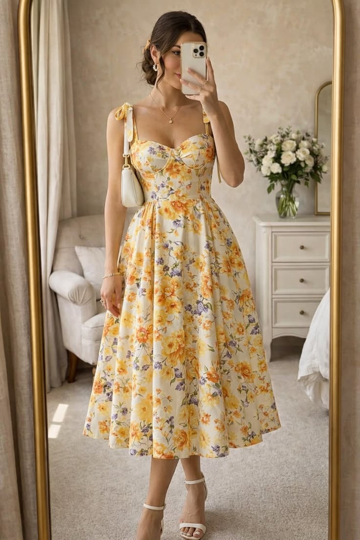 A woman taking a mirror selfie in a white room, wearing a butter yellow midi summer dress with orange floral prints, tie-straps, a structured bodice, and matching white heels.