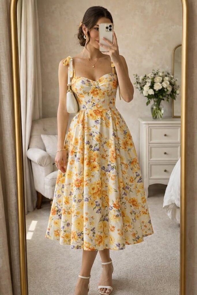 A mirror selfie showcasing romantic summer outfits, featuring a woman in a midi-length sundress with a yellow and orange floral print. The dress has a corset-style bodice and tie-straps. She pairs the look with white ankle-strap heels and a small white handbag, standing in a brightly lit room with a white dresser and a vase of roses in the background.