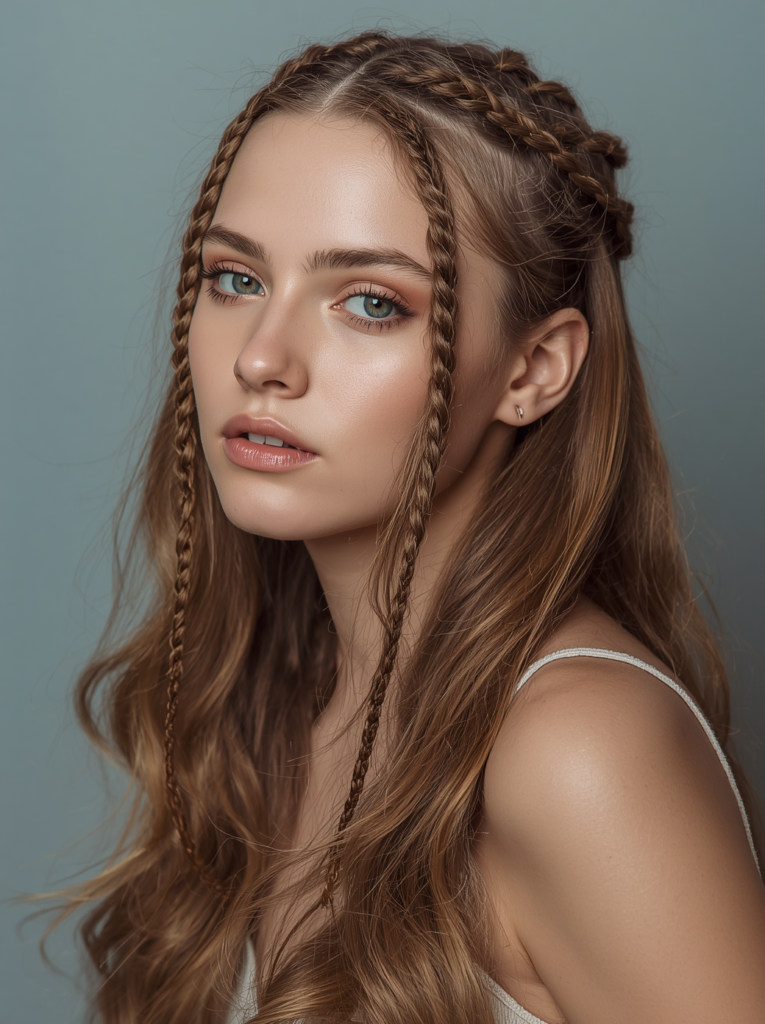 A woman with long light brown wavy hair styled in a center-parted half-up look with detailed crown braids and thin face-framing braids on both sides.