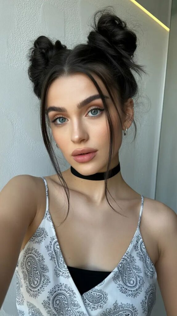 A young woman with blue eyes wearing messy high space knots with face-framing strands, showcasing easy summer hairstyles.