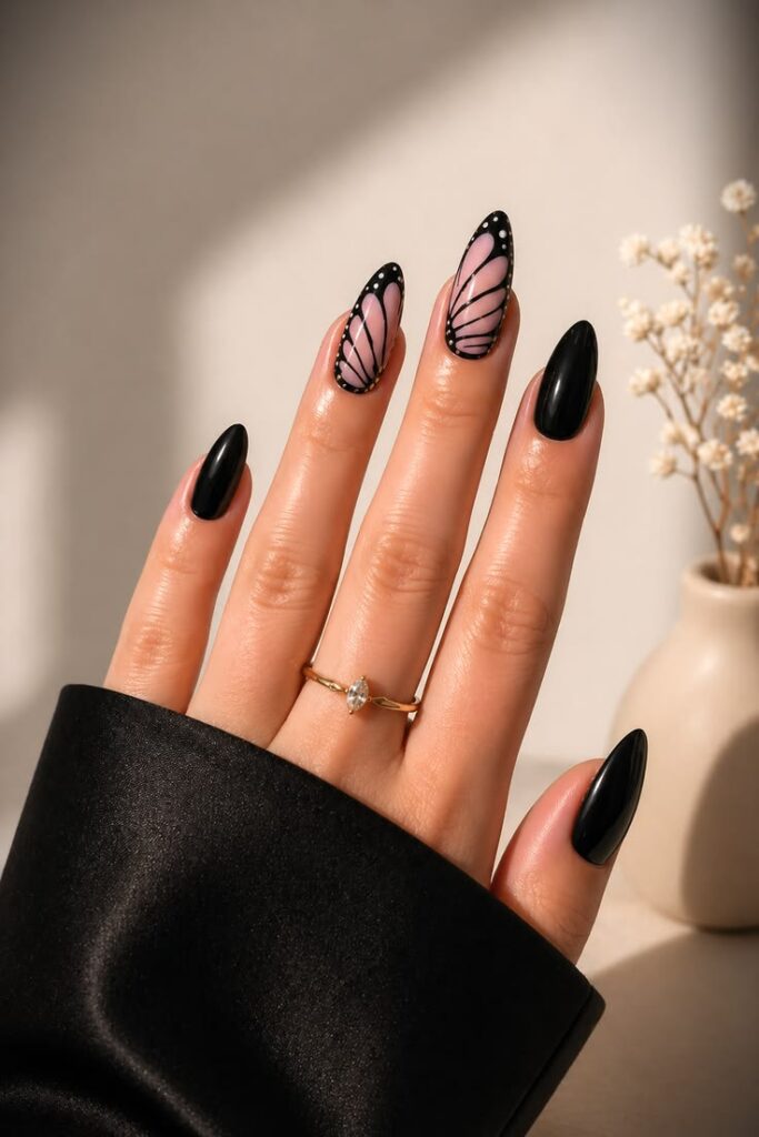 High-gloss black almond-shaped nails with two accent fingers featuring detailed black and white monarch butterfly wing art over a sheer pink base coat.