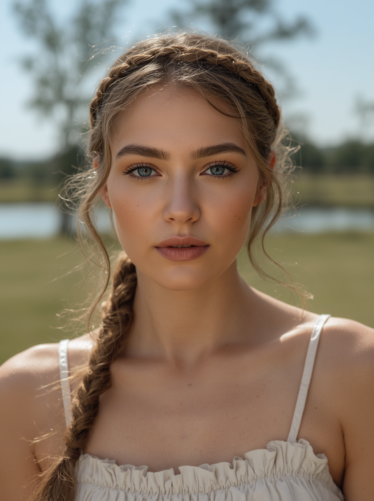 A close-up front view of a young woman with blue eyes wearing a headband braid and a loose side fishtail braid, showcasing an effortless summer style.
