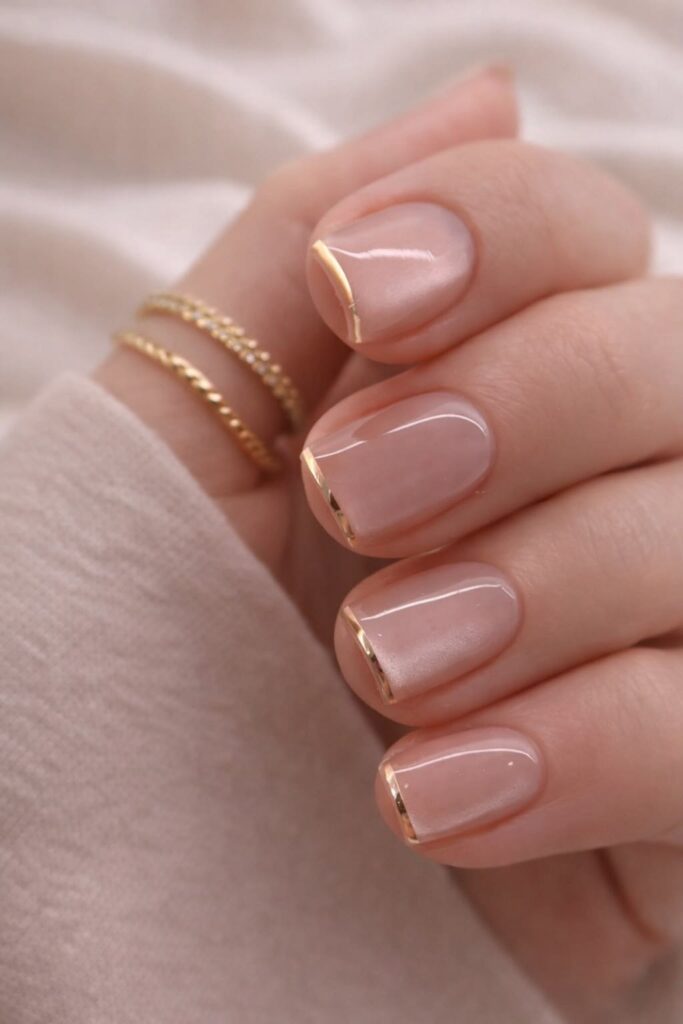 Short, clean square nails featuring a high-gloss sheer nude base coat with a subtle pearl shimmer, finished with an ultra-thin, delicate French tip line painted in metallic chrome gold.