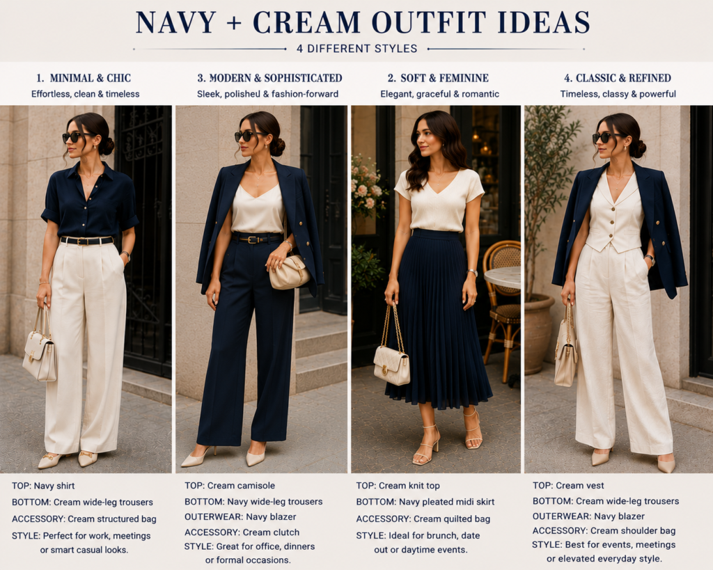 Infographic displaying four navy and cream summer outfit ideas labeled as Minimal & Chic, Modern & Sophisticated, Soft & Feminine, and Classic & Refined. The looks feature a mix of wide-leg trousers, blazers, a pleated midi skirt, and elegant cream tops.