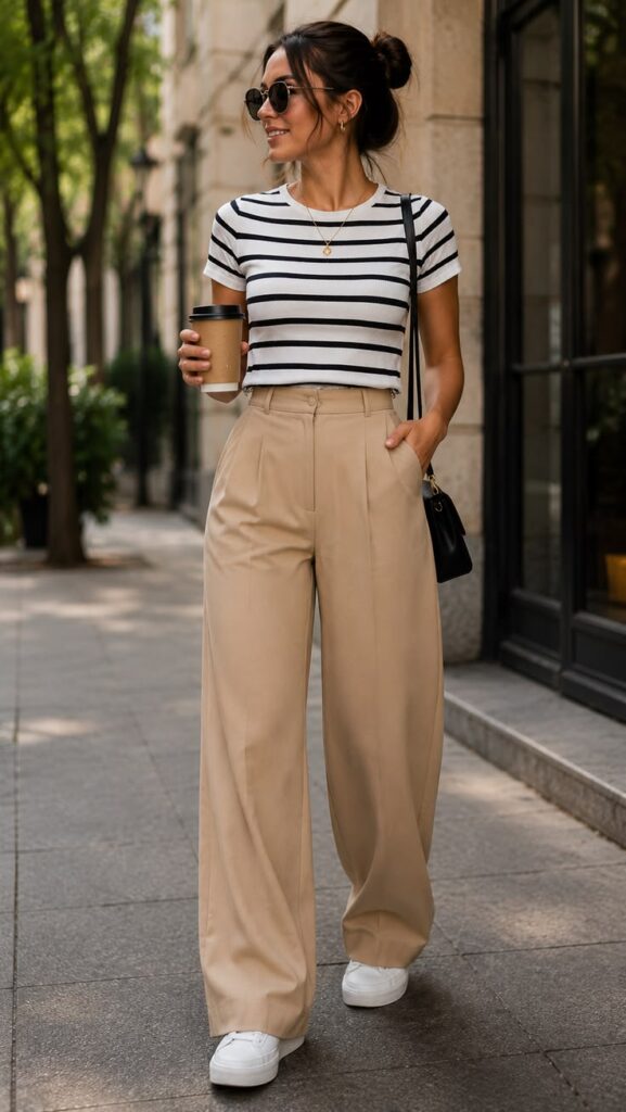 A street-style photo showcasing classic summer outfits, featuring a woman with a messy bun walking down a city sidewalk while holding a coffee cup. She is wearing pleated, wide-leg beige trousers, a tucked-in black-and-white striped short-sleeve t-shirt, and white sneakers. Her look is completed with a small black leather purse over her shoulder and round dark sunglasses.