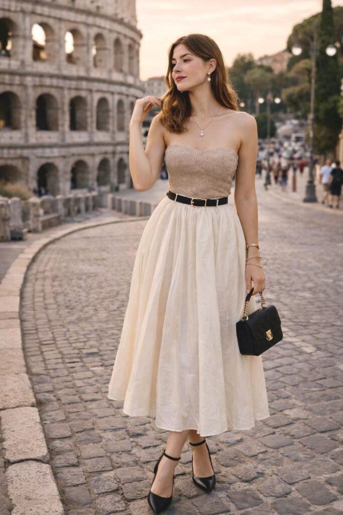 A woman stands on a cobblestone street near the Colosseum wearing a flowing cream midi skirt, a strapless beige top, and a black belt. She is styled with black ankle-strap heels and a small black handbag.
