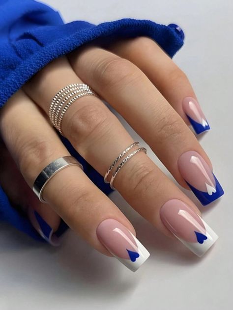 Perfect Square Shaped Nails with Contrast French Tips and Heart Accent for a Modern Vibe.