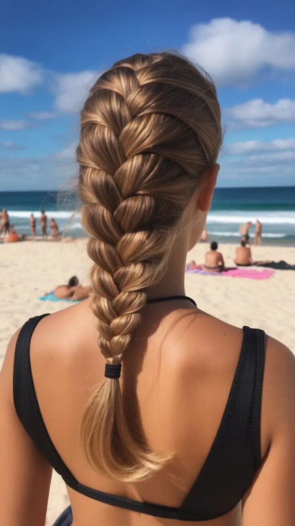 A back view of a blonde woman in a black swimsuit looking at a sunny beach, wearing a single tight classic French braid.