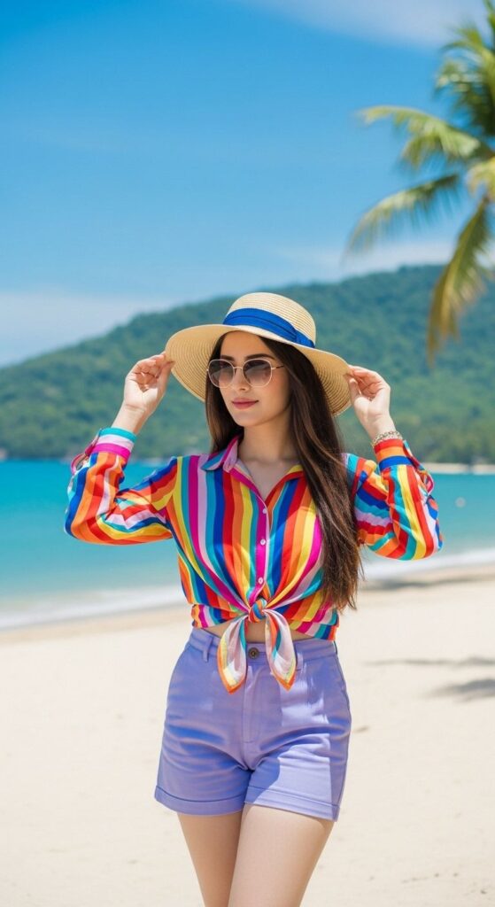 A woman standing on a beach wearing a colorful striped tied shirt, light purple shorts, and a straw hat for vibrant beach vacation outfits.