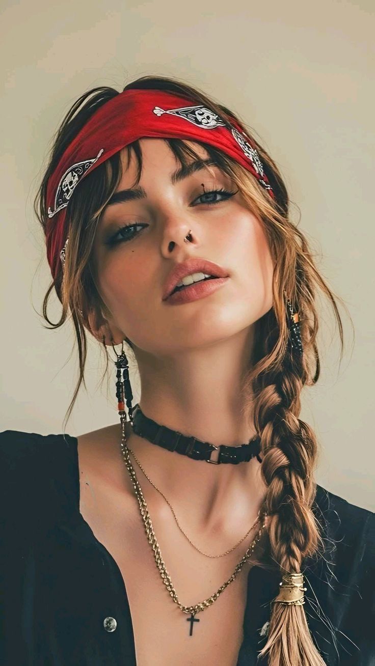 A close-up portrait of a woman with wispy bangs wearing a red paisley bandana tied as a headband across her forehead, with her hair styled in a messy side braid.