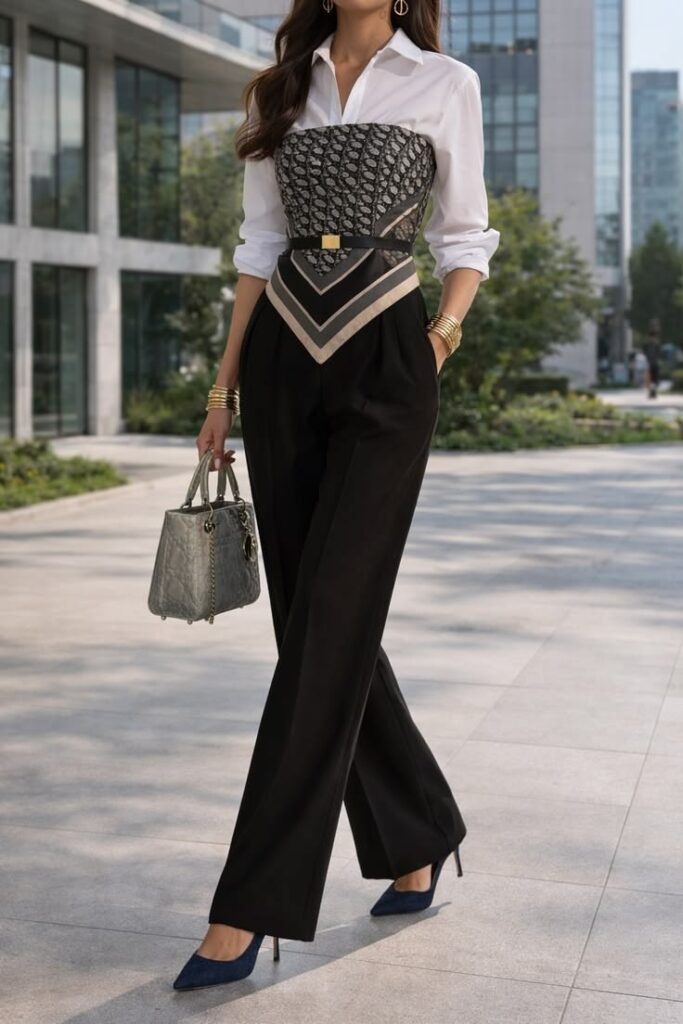 A full-length view of a woman showing how to style a bandana or scarf. A patterned silk scarf is layered over a white shirt like a corset bodice.