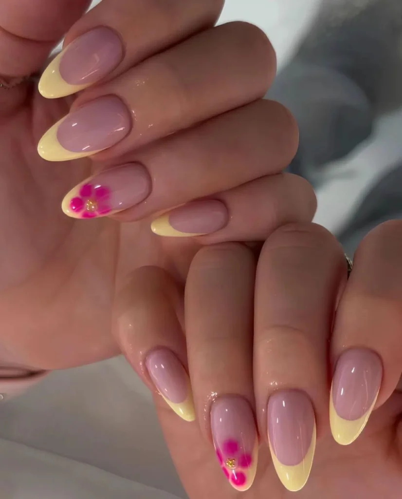 Trendy yellow French press on nails perfect for summer vacations and sunny days.