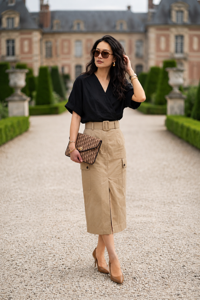 Woman wearing a black wrap-style blouse with a beige belted midi skirt, accessorized with neutral heels, sunglasses, and a structured handbag. This elegant black and beige outfit creates a sophisticated, expensive-looking style perfect for smart-casual and semi-formal occasions.
