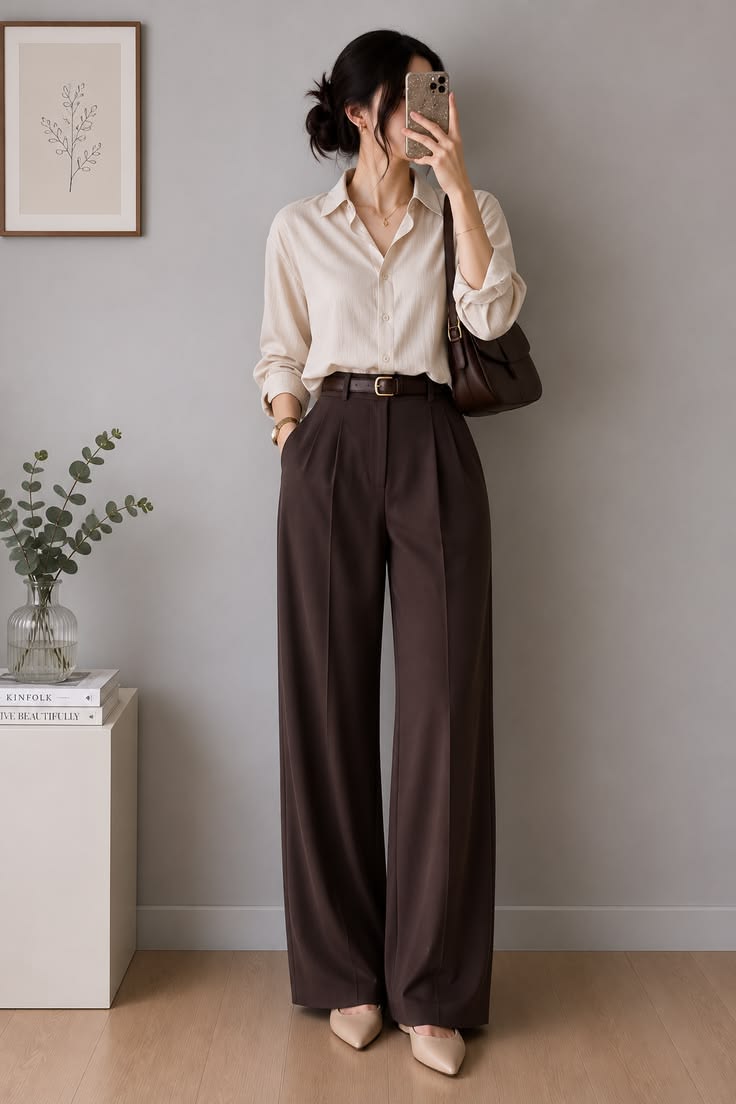 A woman taking a mirror selfie wearing a beige button-down shirt tucked into high-waisted dark brown wide-leg trousers with a brown belt.