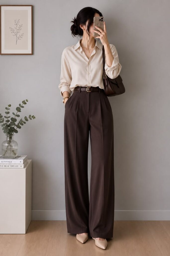 A full-length mirror selfie of a woman wearing a chic business casual outfit. She is wearing a light beige long-sleeve button-down shirt with rolled-up sleeves, tucked into high-waisted, wide-leg dark brown trousers. The outfit is accessorized with a dark brown leather belt with a gold buckle, a matching dark brown shoulder bag, and beige pointed-toe flat shoes. The background is a minimalist room with a grey wall and subtle decor.