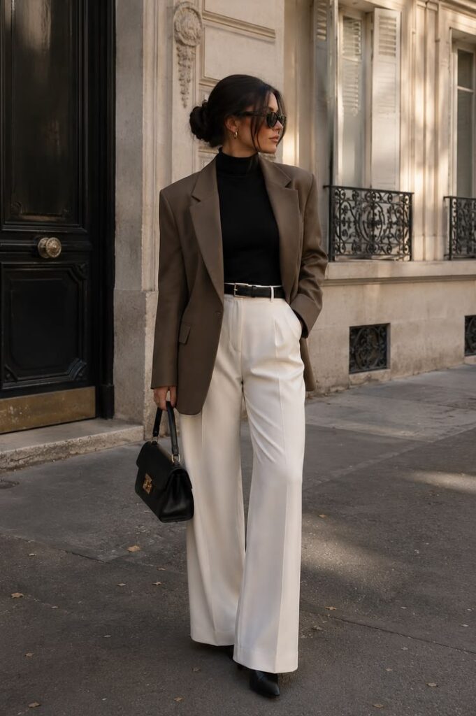 Woman wearing a camel oversized blazer over a black turtleneck top, paired with cream wide-leg trousers and black accessories, creating an elegant and expensive-looking neutral outfit.