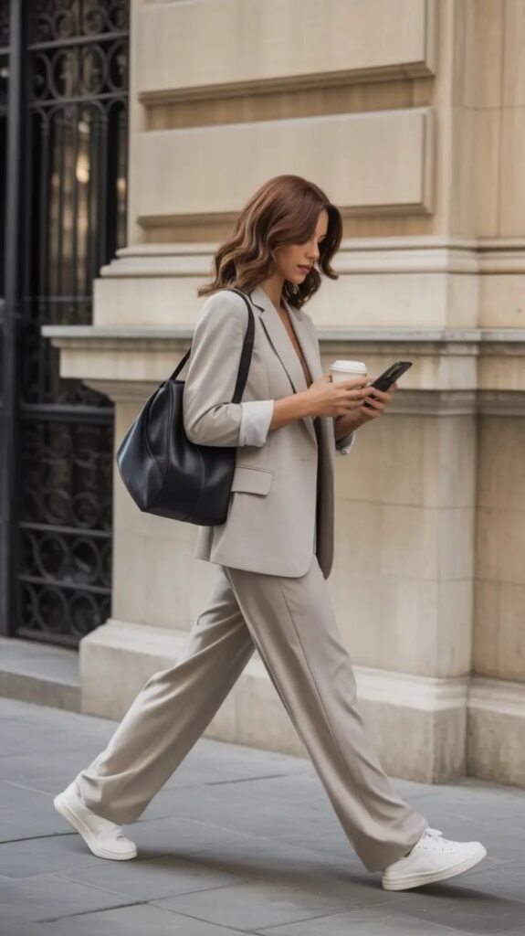Woman wearing a tailored beige suit with wide-leg trousers and clean white sneakers, carrying a black tote bag while walking through a city street. The minimalist outfit creates an effortless quiet luxury look with a focus on simple, versatile footwear.