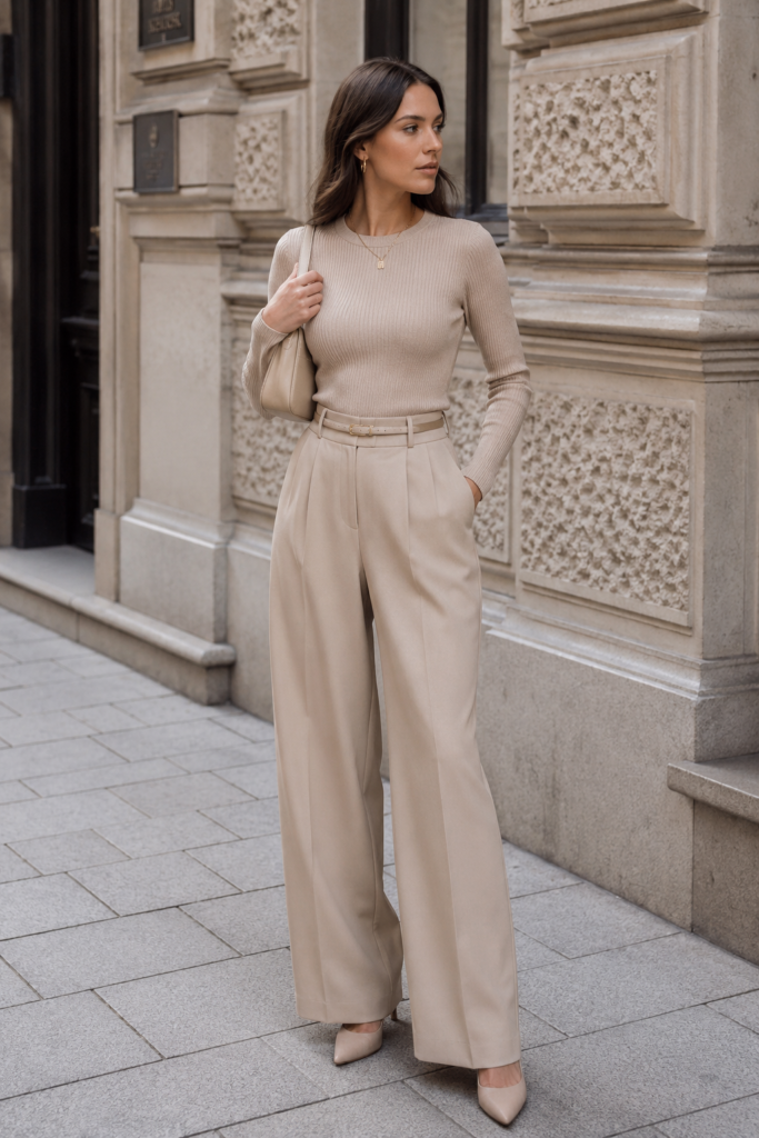 Sophisticated minimalist summer style with neutral cream tones, elegant trousers, a small leather handbag, and clean aesthetics