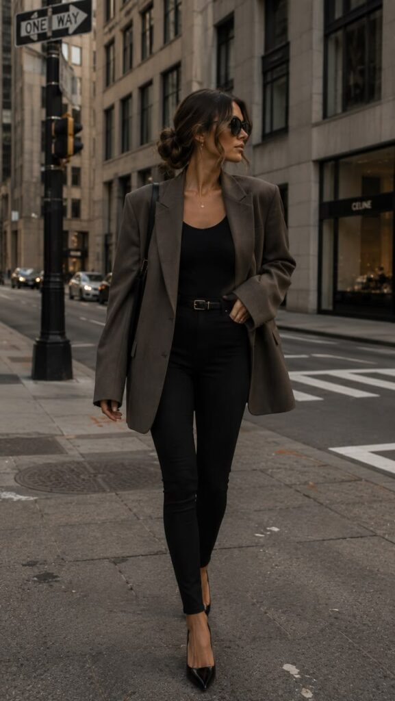 Woman wearing an oversized taupe blazer layered over a fitted black top and slim black trousers, creating a balanced and sophisticated silhouette. The outfit is completed with pointed-toe heels, a sleek low bun, and minimal accessories, showcasing a timeless quiet luxury aesthetic.