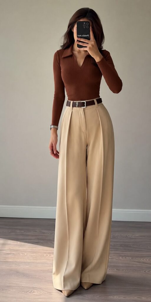 Woman wearing a fitted brown knit top tucked into high-waisted beige wide-leg trousers, creating a balanced and sophisticated silhouette. The outfit features neutral tones, a structured belt, and pointed-toe shoes, demonstrating how a fitted top complements the volume of wide-leg pants for an elegant quiet luxury look.