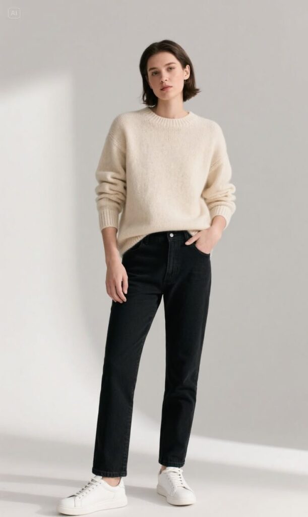 Woman wearing a relaxed cream knit sweater paired with straight-leg black jeans and clean white sneakers. The outfit creates a balanced silhouette by combining a slightly oversized top with structured denim, showcasing a casual yet polished quiet luxury aesthetic.