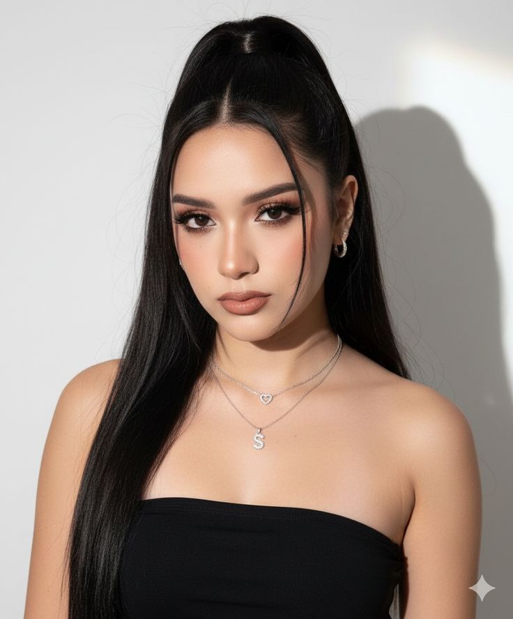 A woman with long black hair styled in a sleek half-up high ponytail with a sharp center part and long face-framing strands on both sides.
