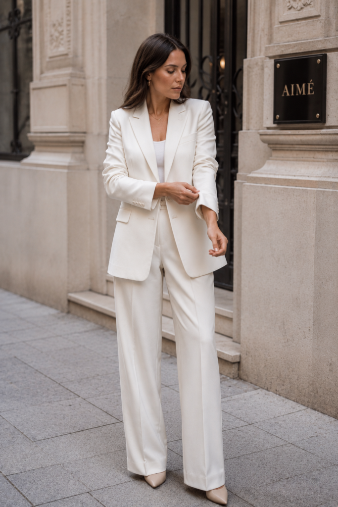 Woman wearing a perfectly tailored white blazer and straight-leg trousers, adjusting her sleeve on a city street. Minimal gold jewelry and neutral heels complete the elegant quiet luxury look in natural daylight.